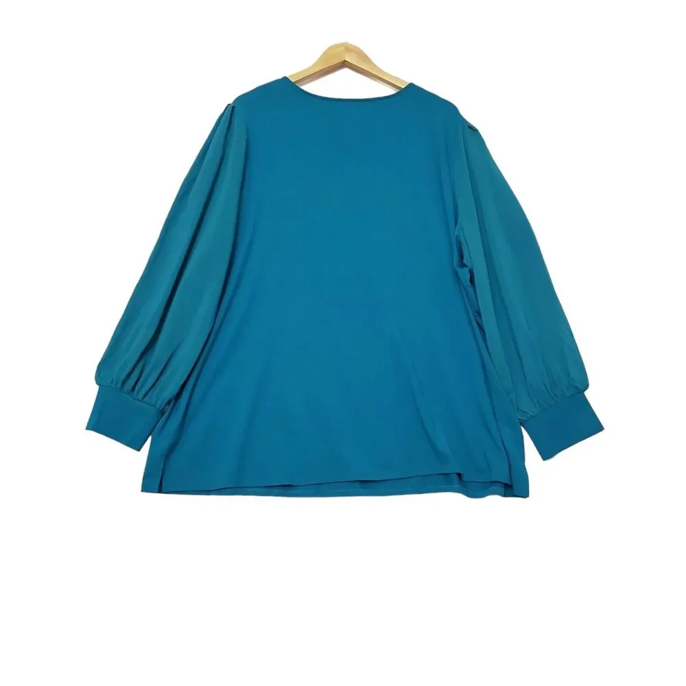 Susan Graver Liquid Knit Long Balloon Sleeve Tunic Top Plus Size 3X Blue V‎ Neck